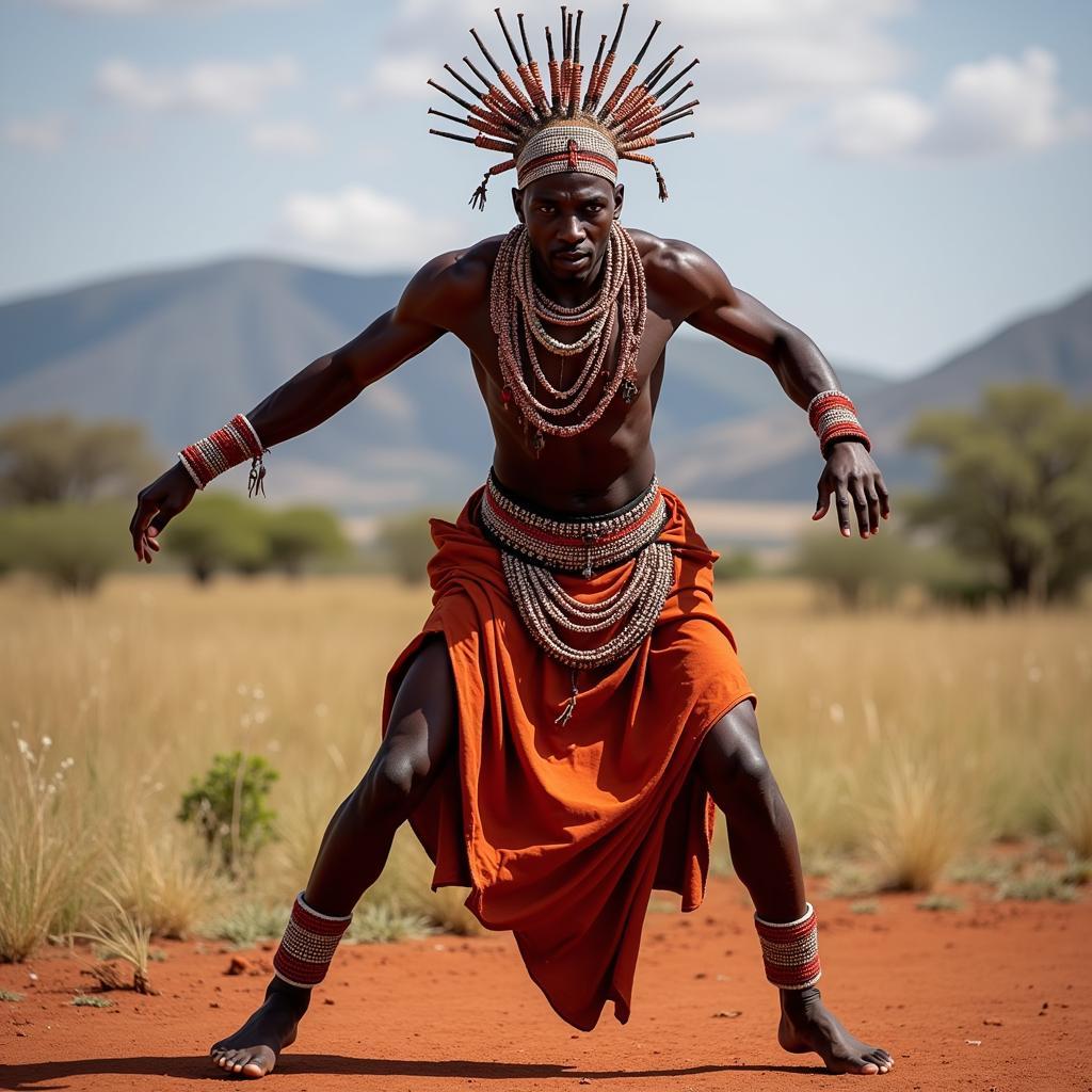 East African Maasai Warrior in Traditional Dance Costume