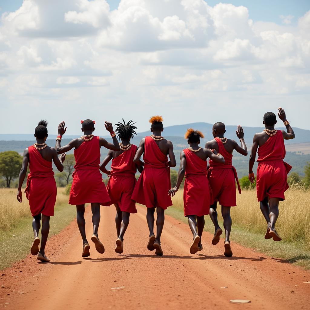 Masai warriors perform a traditional jumping dance in Kenya.