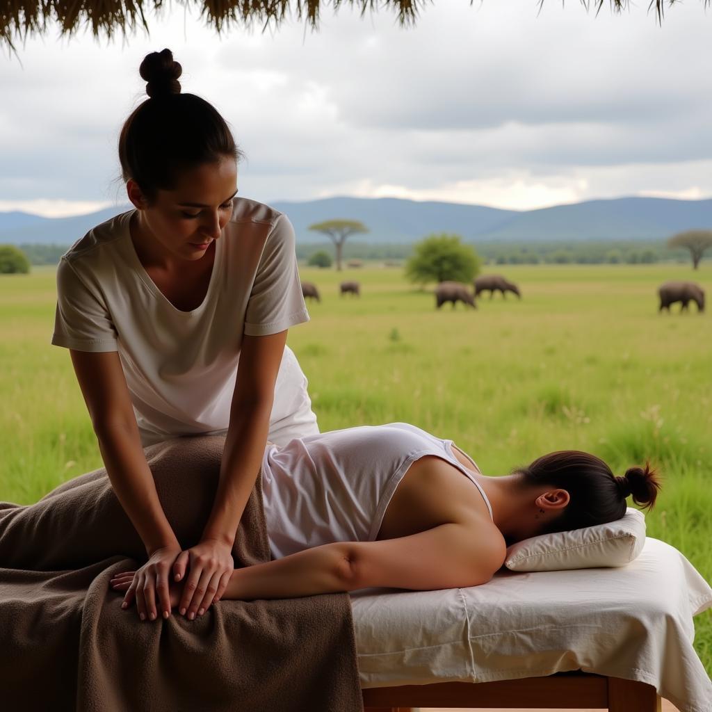 East African Massage Therapy Wallpaper: A therapist performing a massage using traditional techniques in a serene setting.