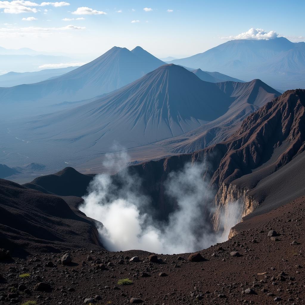 Aerial view of the East African Rift Valley with volcanic peaks in the background demonstrating tectonic plate activity.