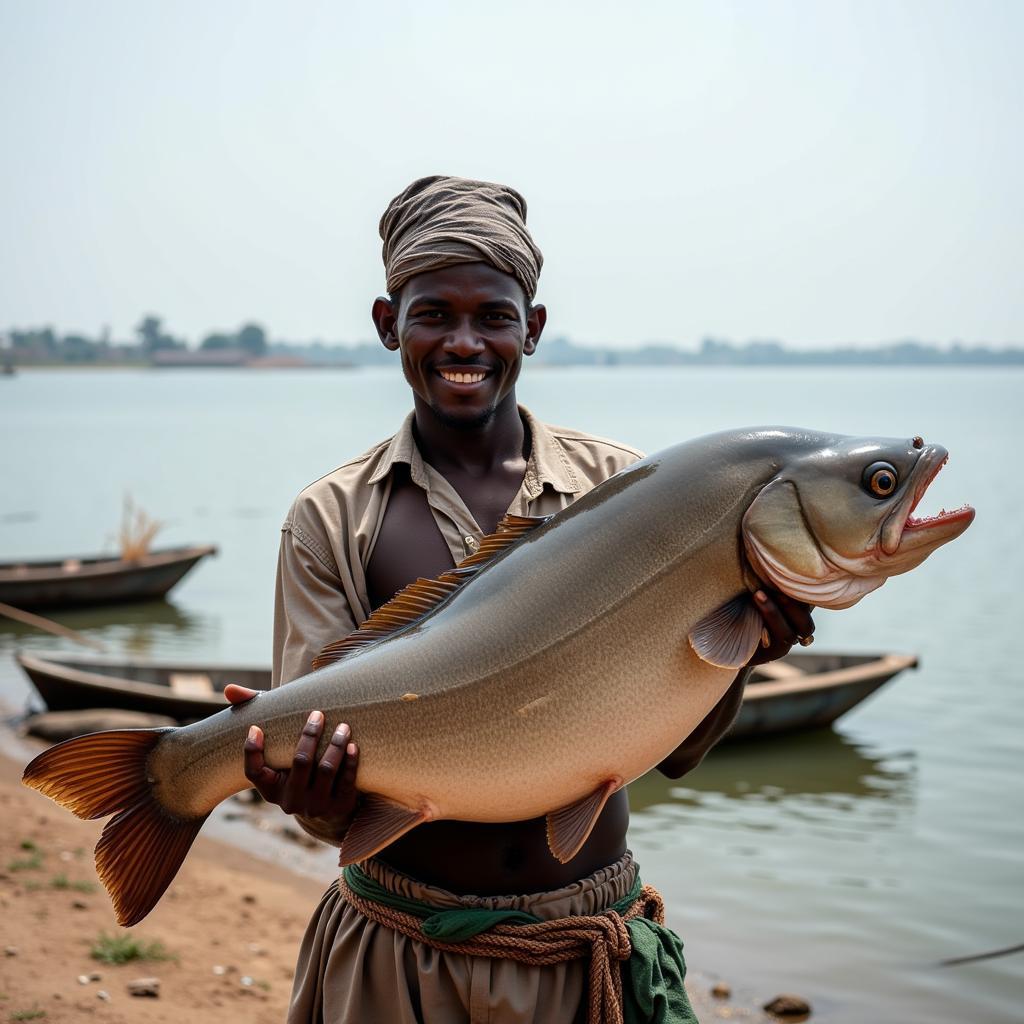 An Ethiopian fisherman proudly displays his catch of a large African catfish on the shores of Lake Tana.