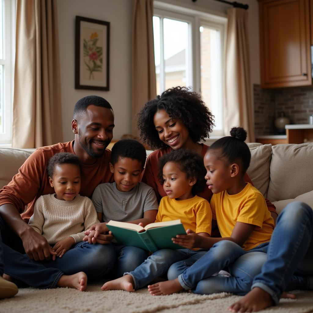 Family enjoying reading time together at home