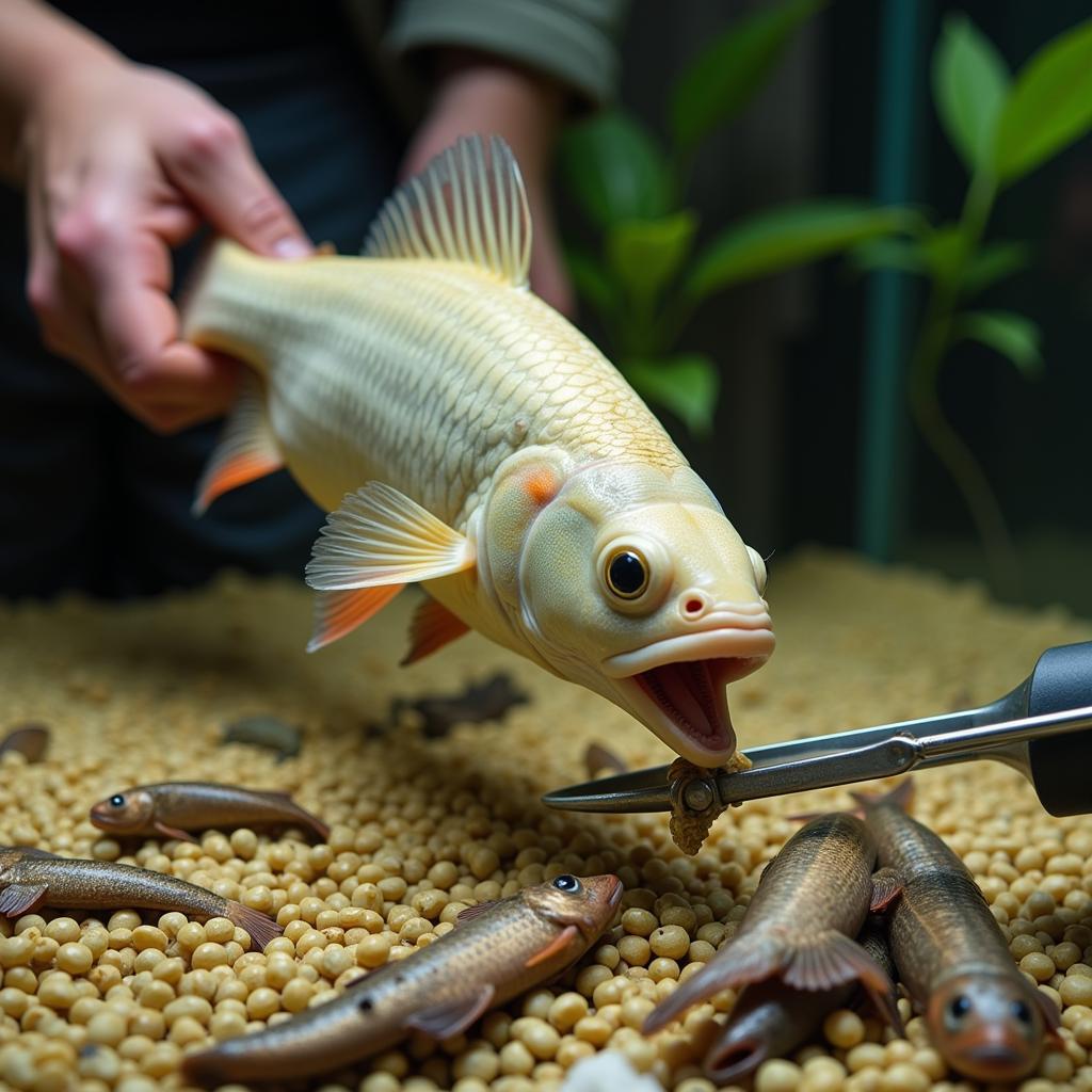 Feeding an African Arowana in a Singaporean home aquarium