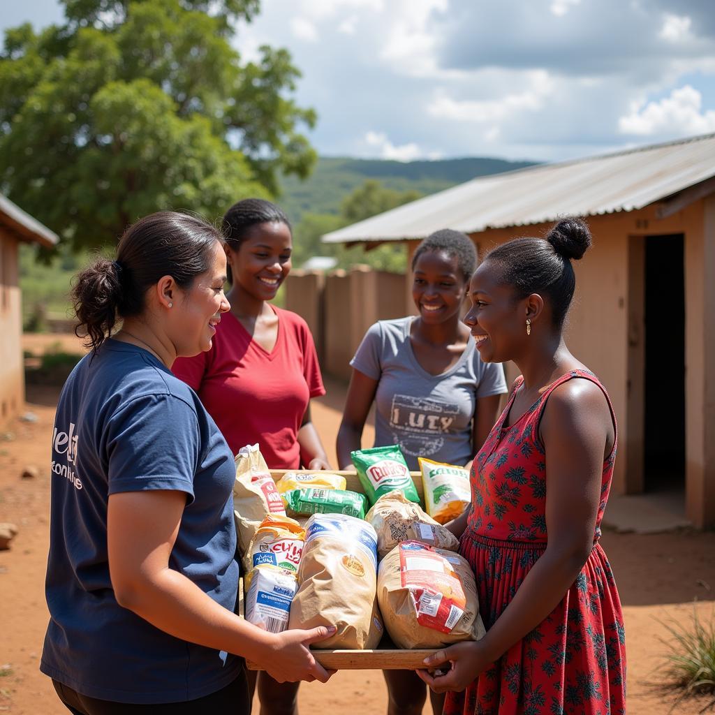 Food Aid Distribution in Africa: Volunteers distributing food packages to families in need in a rural African community.