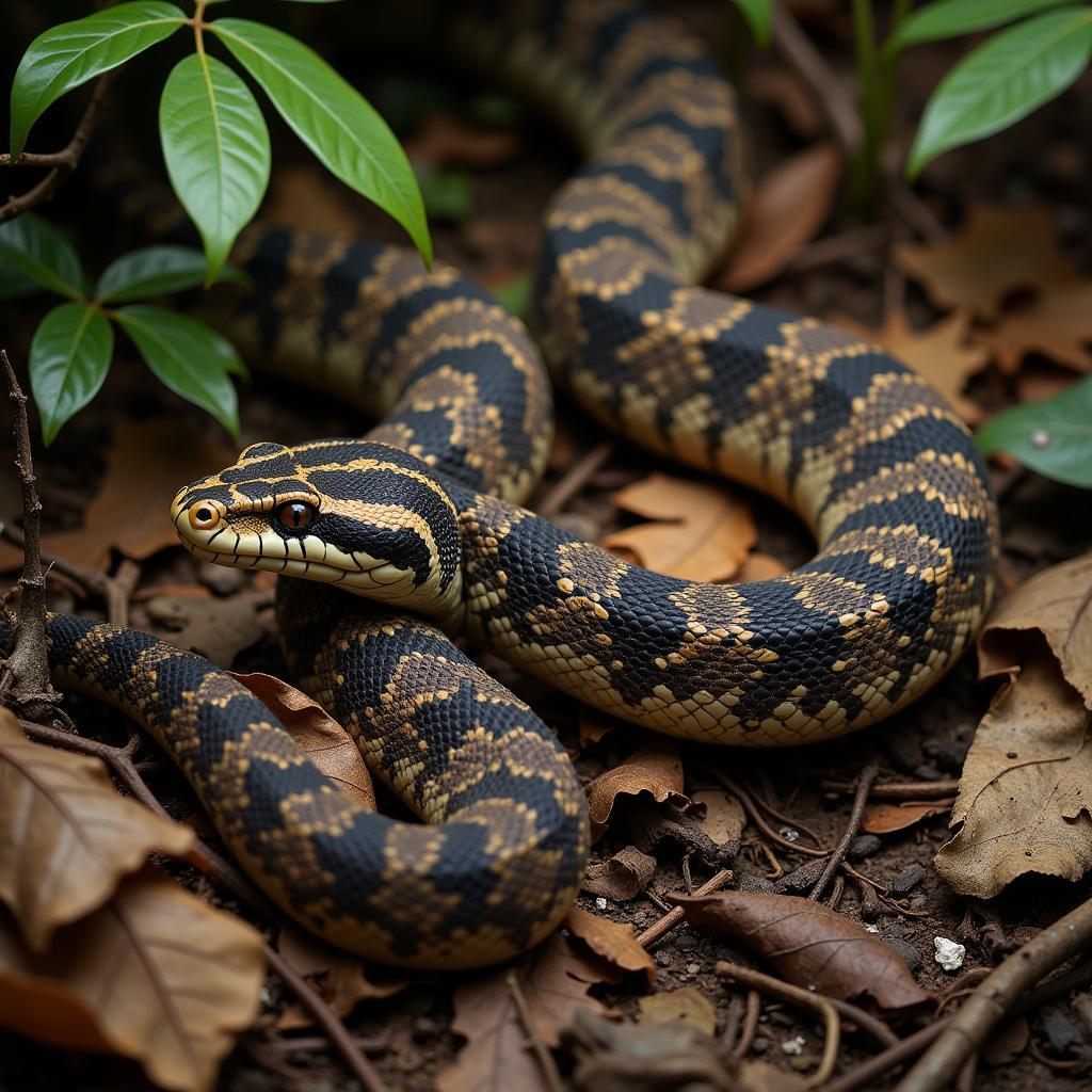 Gaboon Viper Camouflaged in Leaf Litter