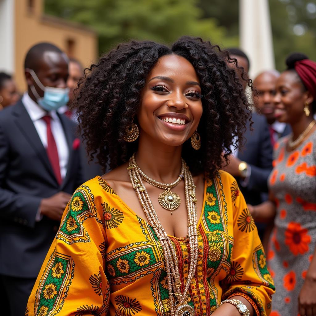 A Ghanian bride dressed in vibrant kente cloth during a traditional wedding ceremony.