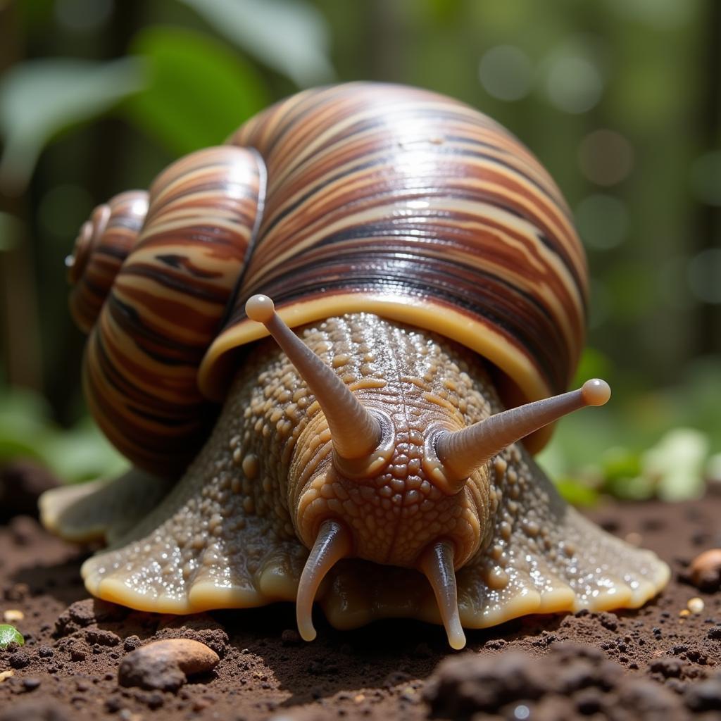 Close-up of a Giant African Snail Achatina Achatina showing its intricate shell pattern and fleshy body.