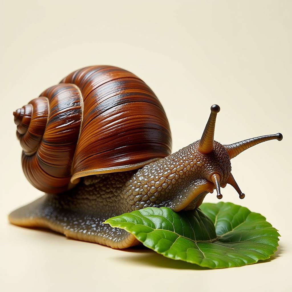 A giant African snail consuming a green leaf, showcasing its feeding habits.