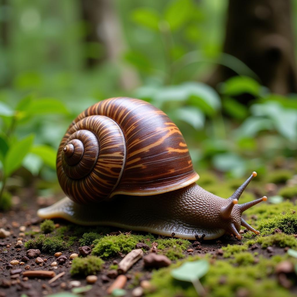 A giant African snail in its natural habitat surrounded by lush vegetation.