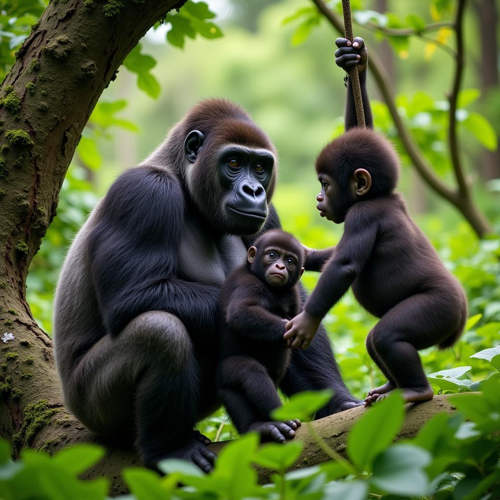 Gorilla Family in African Jungle