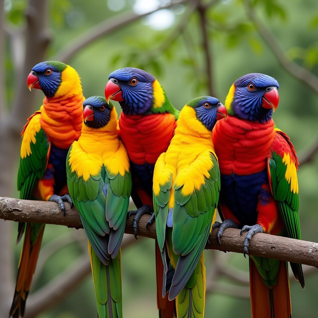 Group of Colorful African Birds on a Branch