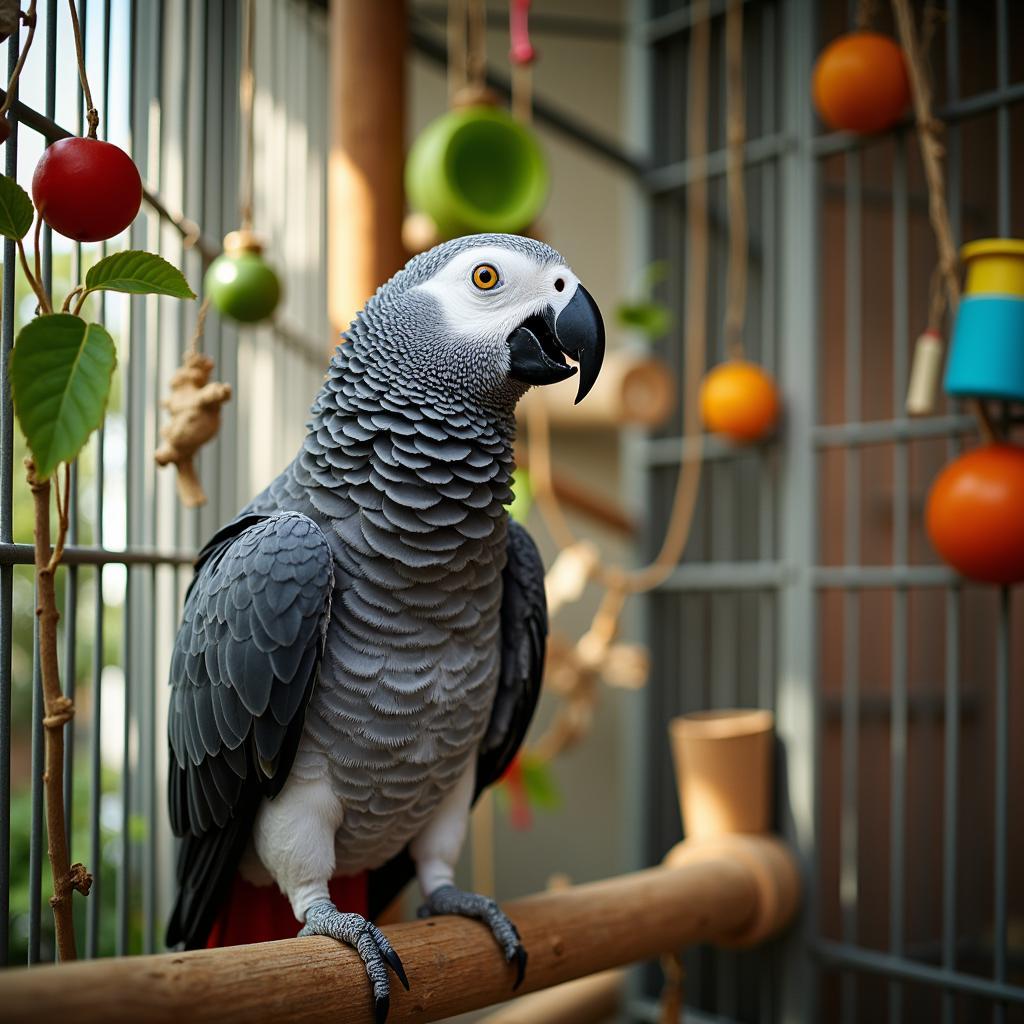 Happy African Grey Parrot in its Enriched Home