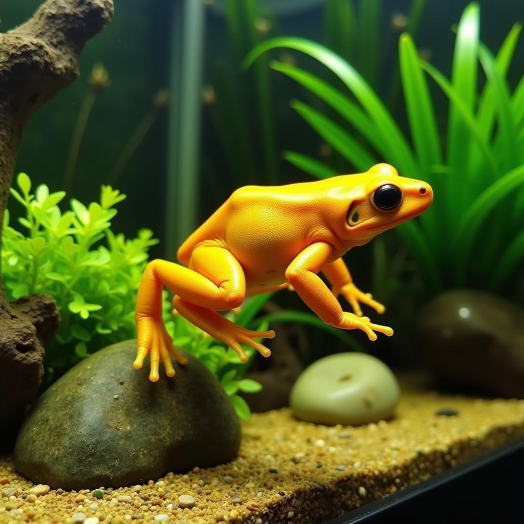 Healthy African dwarf frog swimming in a planted tank