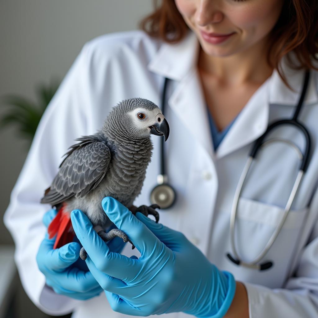 Veterinarian Examining a Healthy African Grey Parrot Chick