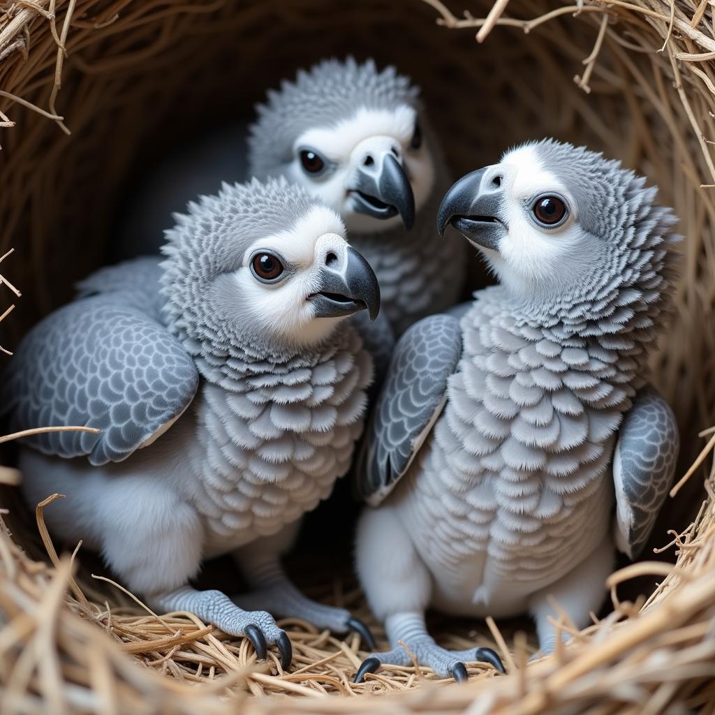 Healthy African Grey parrot chicks in their nest.