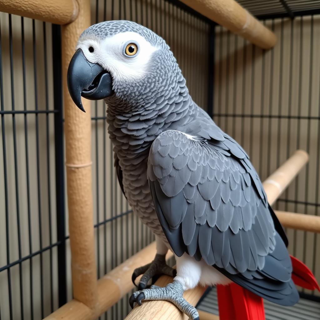 A Healthy and Content African Grey Parrot in its Cage