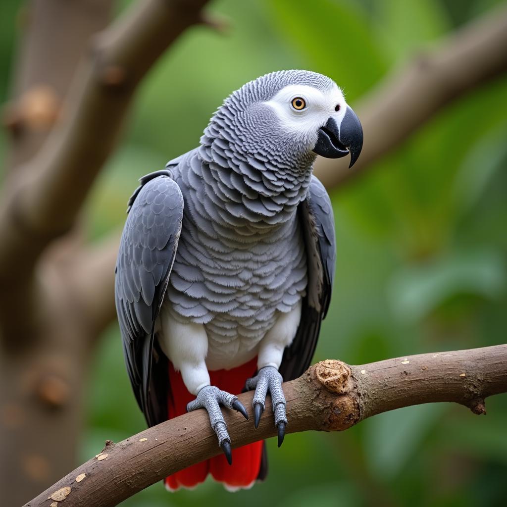 A Healthy African Grey with White Toes Perched on a Branch