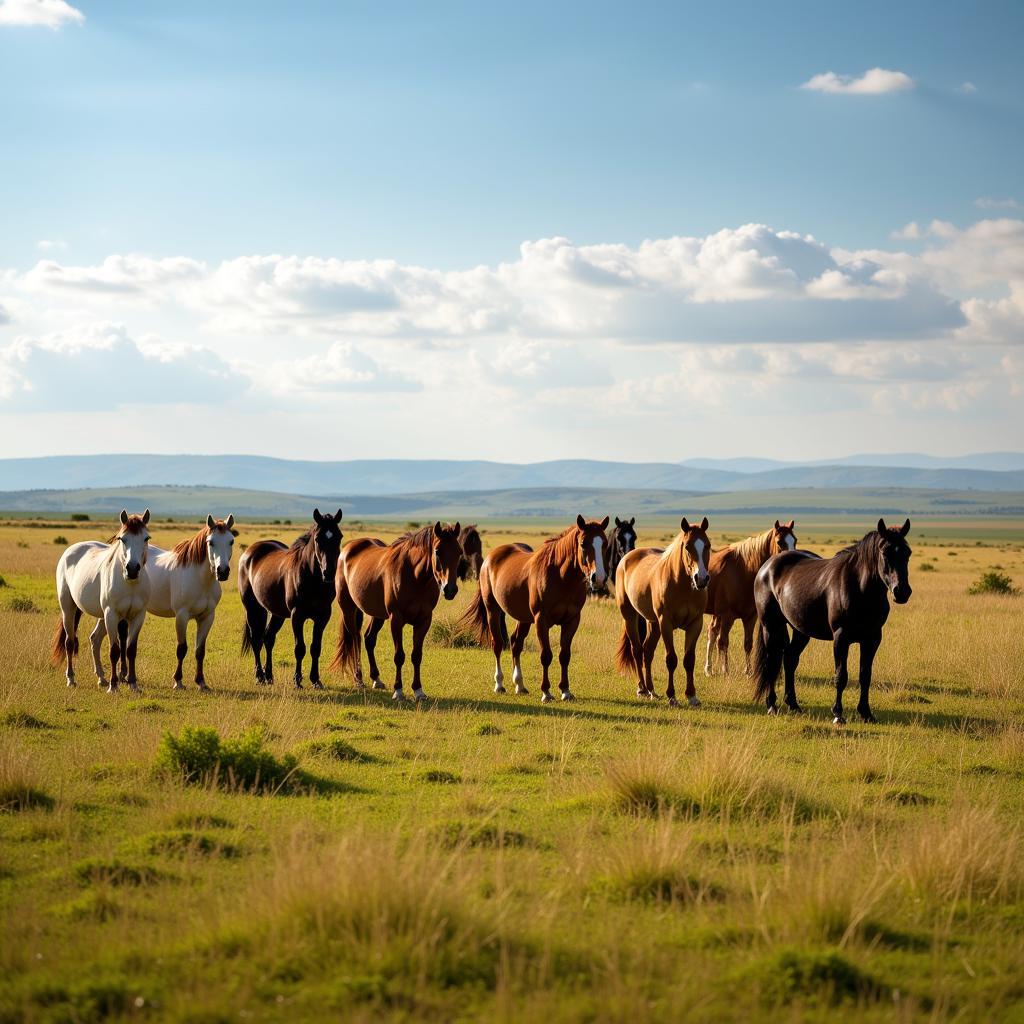 Healthy Horses Grazing in African Landscape