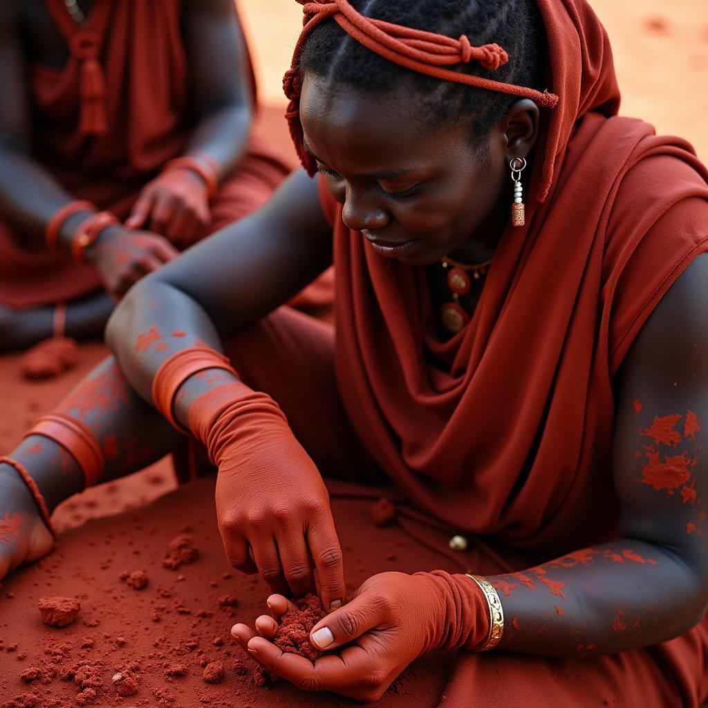 A Himba woman applying otjize paste to her skin, a daily ritual that symbolizes cultural identity and protects against the harsh desert climate.