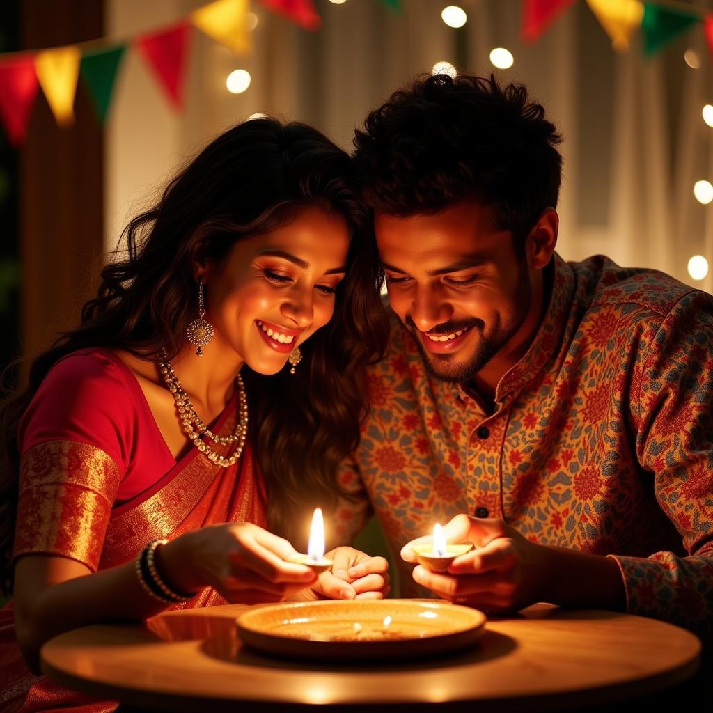 Indian African Couple Celebrating Diwali