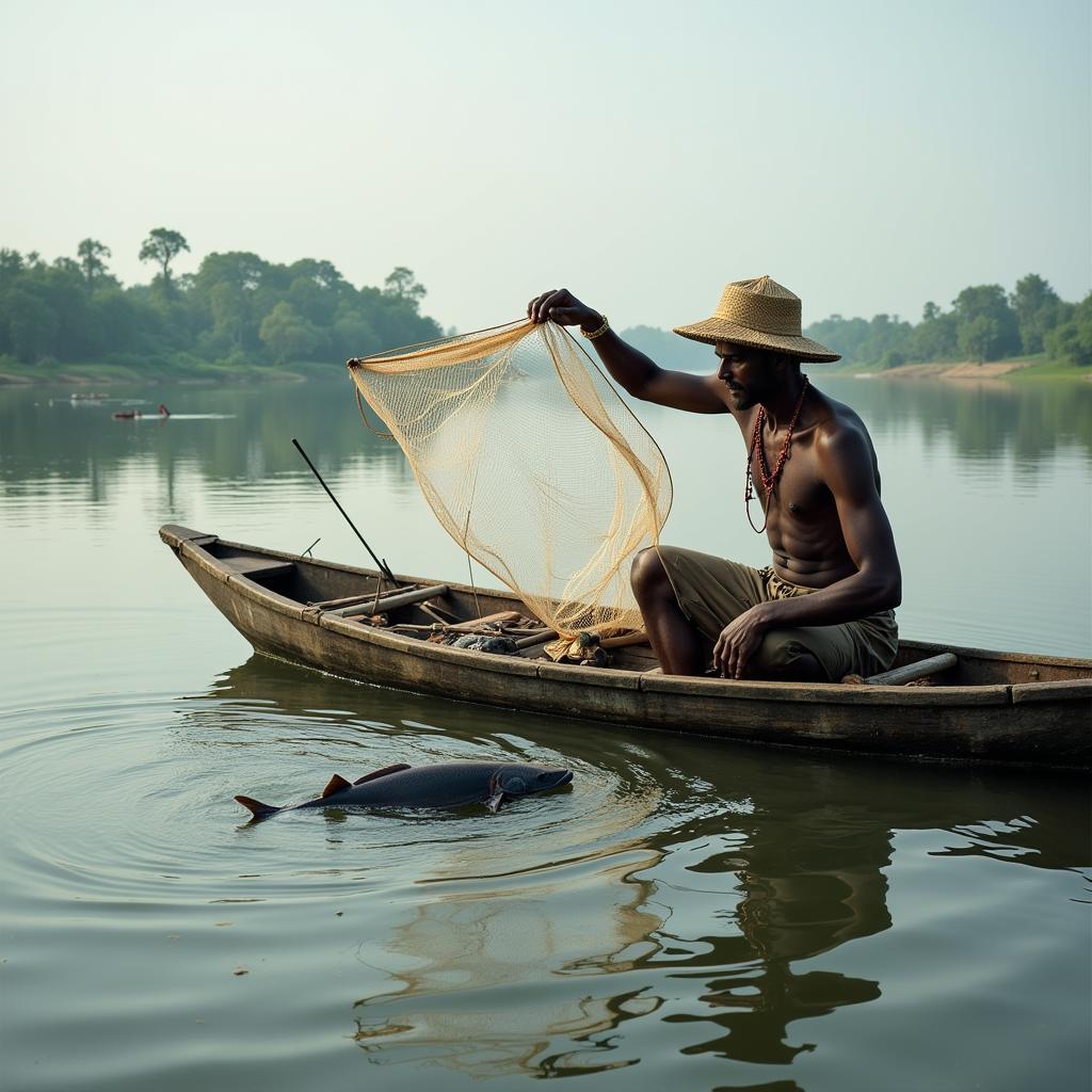 An Indian fisherman using traditional fishing nets in a river impacted by invasive African catfish.