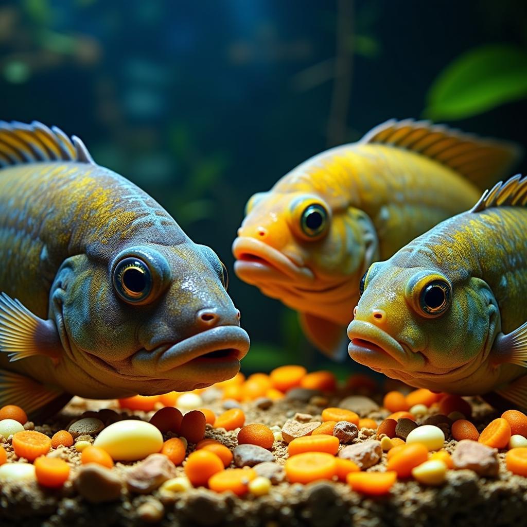 Feeding Lake Malawi Cichlids - showing cichlids feeding on specialized cichlid food