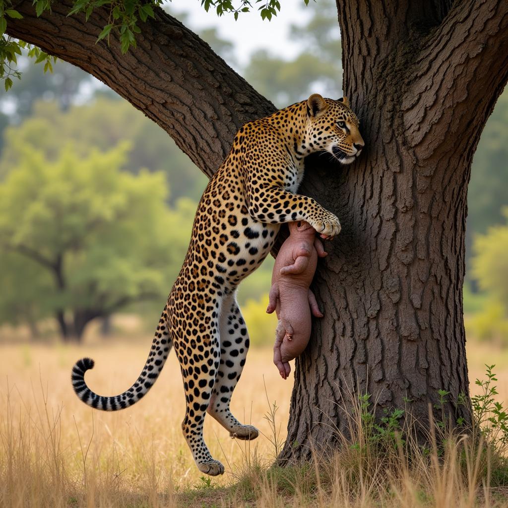 Leopard Climbing Tree with Kill in African Bush