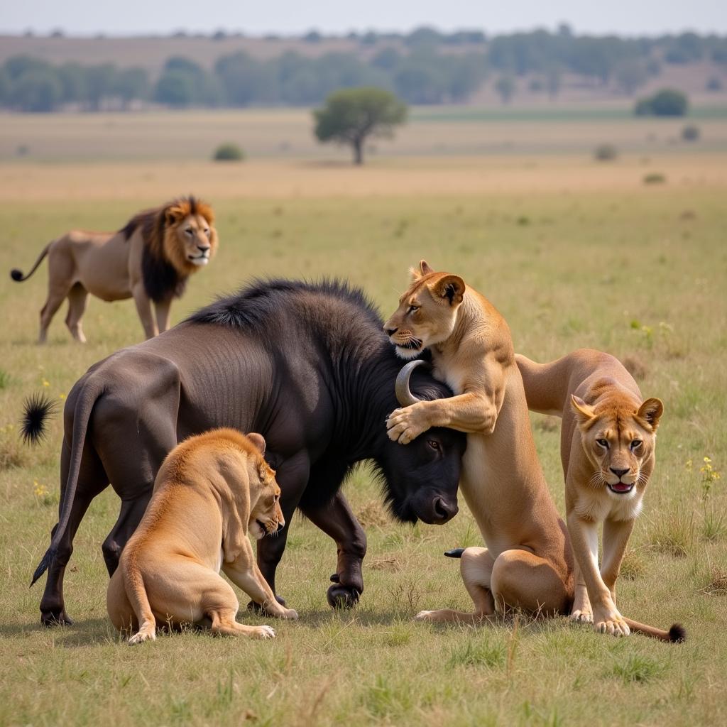 Lion Pride Hunting Buffalo