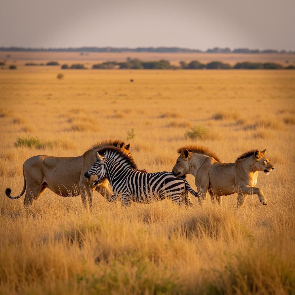 Lion Pride Hunting Zebra on African Savanna