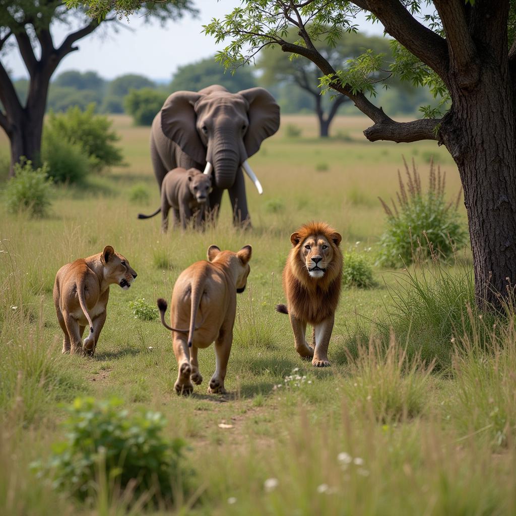 Lion Pride Stalking an Elephant Calf