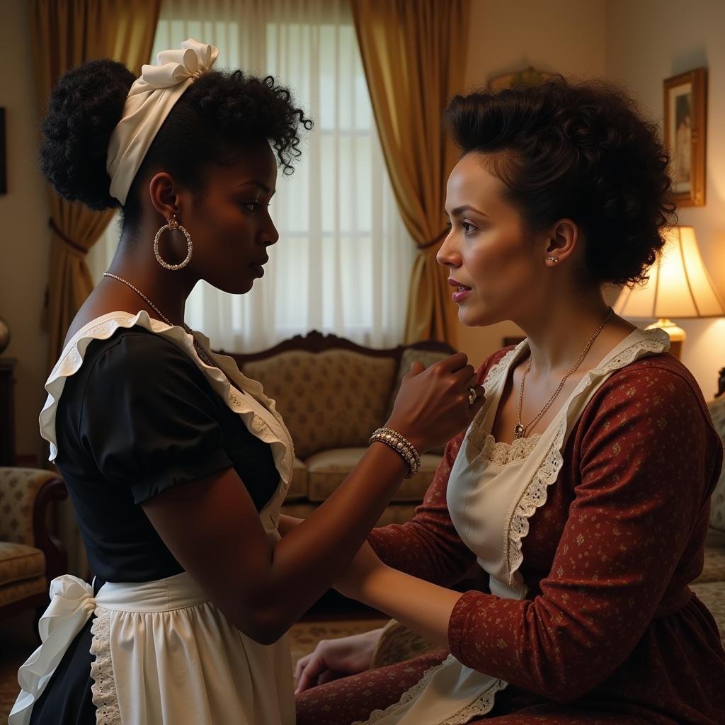 Maid-Employer Relationship in Jim Crow South:  An image illustrating the complex and often fraught relationship between African American maids and their white employers.