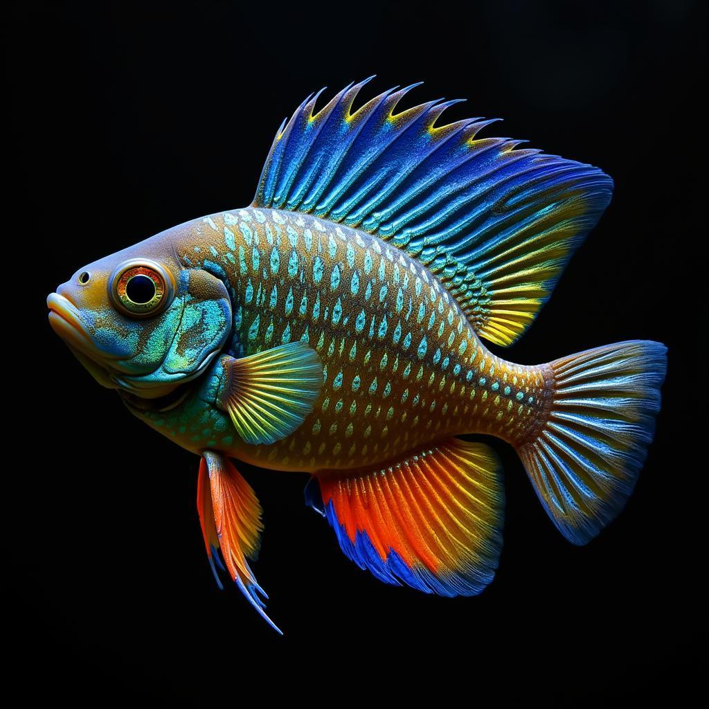 Male African Butterfly Peacock Cichlid displaying its vibrant colors to attract a female.