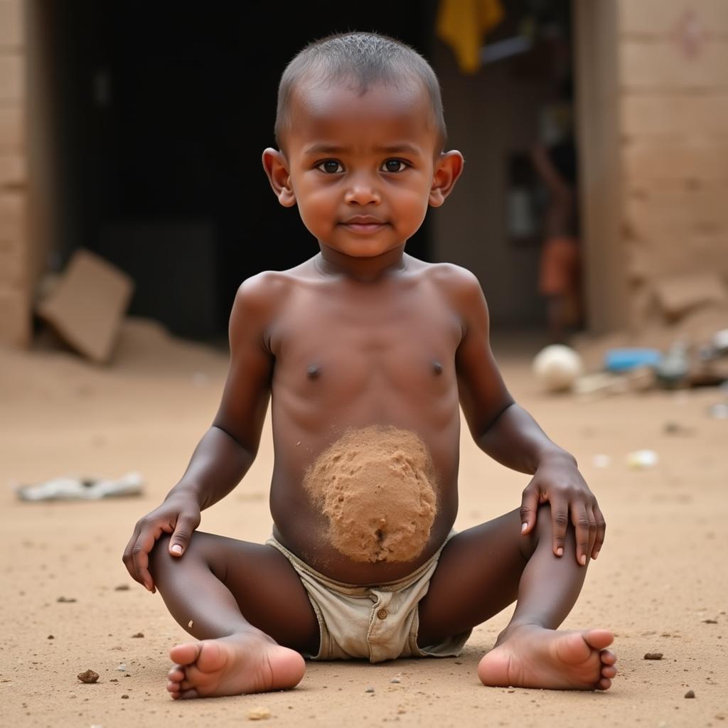 Malnourished Child in Africa: A young child suffering from severe malnutrition in a rural African village.