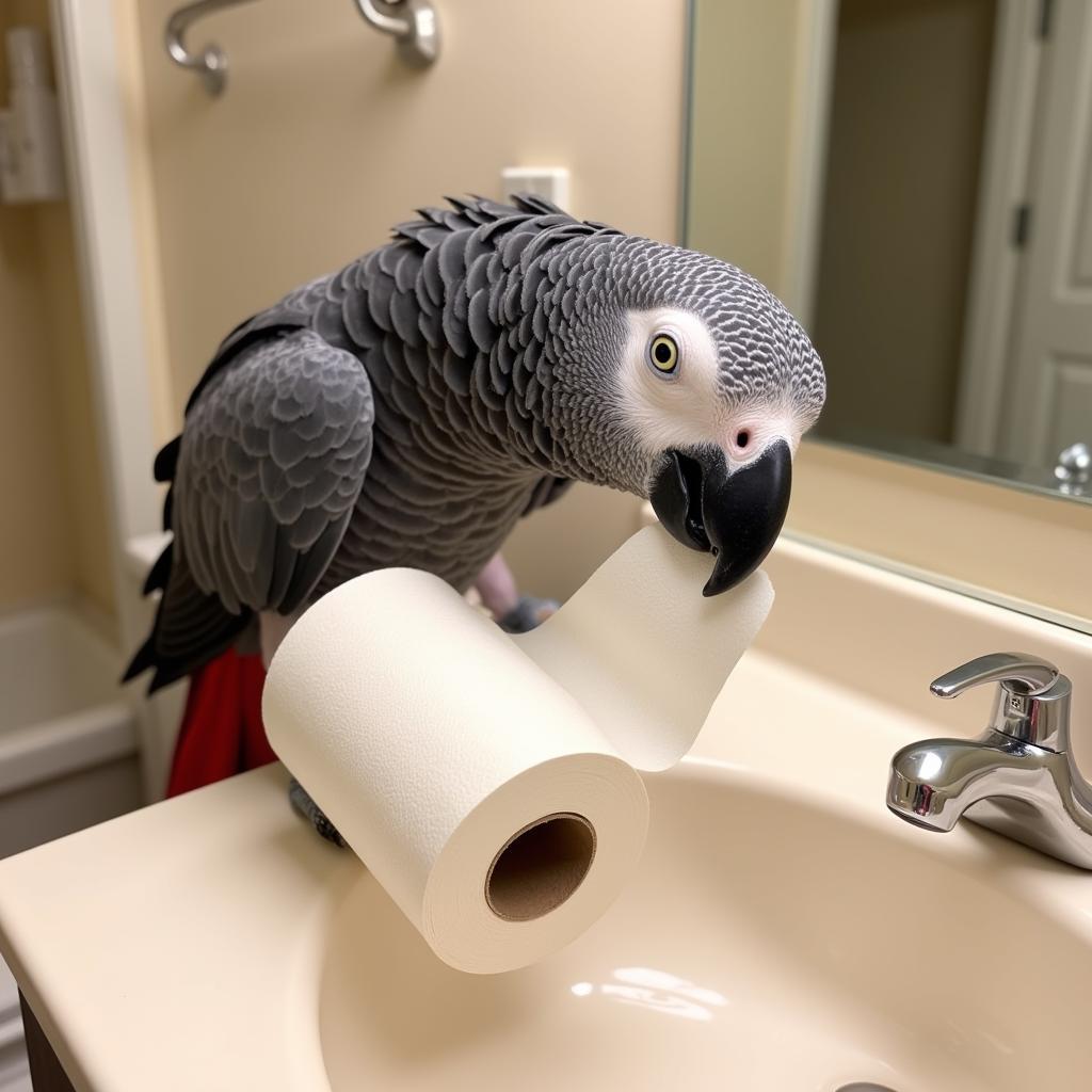 Mischievous African Grey Playing with Toilet Paper