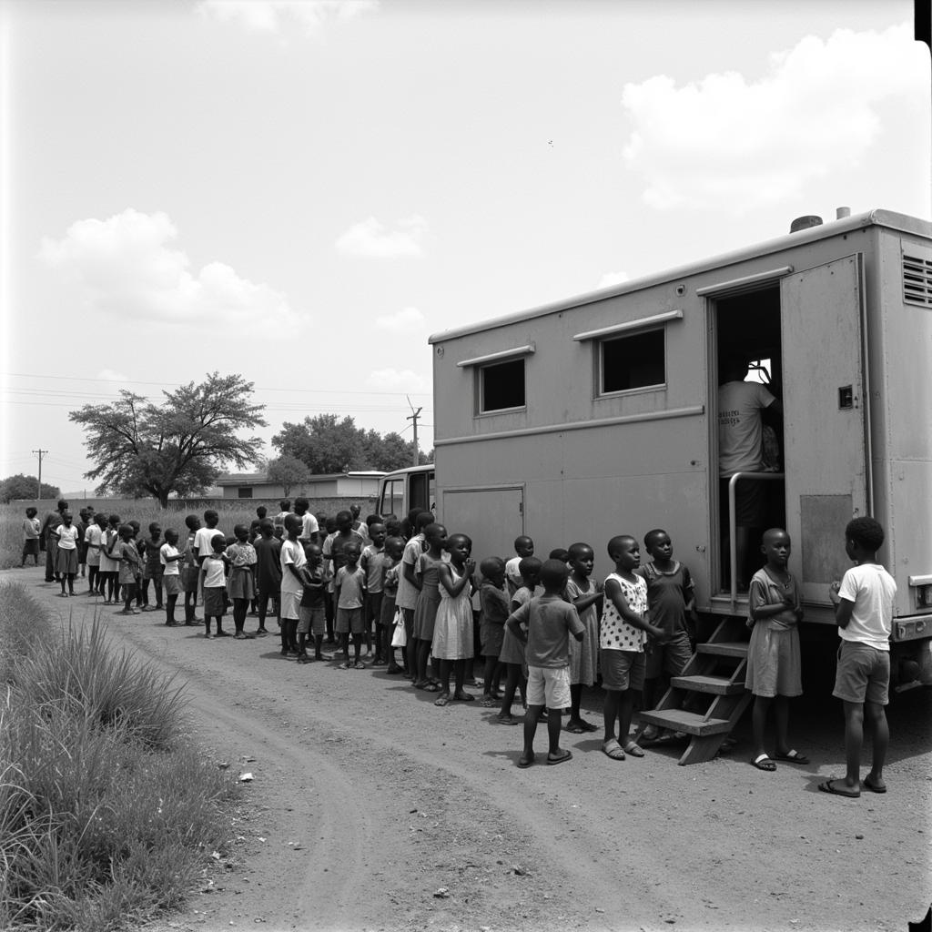 Mobile Eye Clinic in Rural Africa (Black and White Photo)