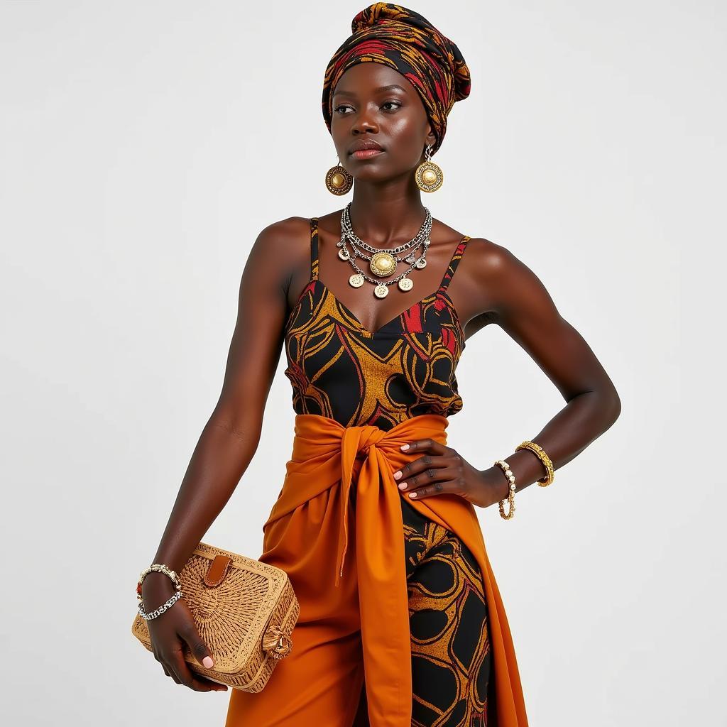 A woman wearing modern clothing accessorized with African jewelry and a headwrap.