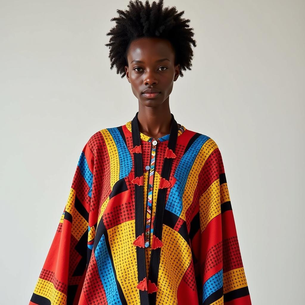 Contemporary African kaftan with a striking geometric print, showcasing a modern take on the traditional garment.