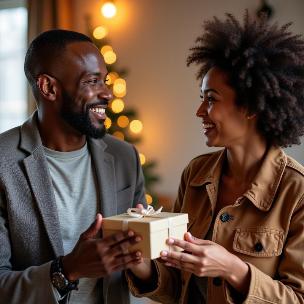 A modern photograph of a white man and an African American woman exchanging gifts in a casual setting, symbolizing positive and respectful interactions.