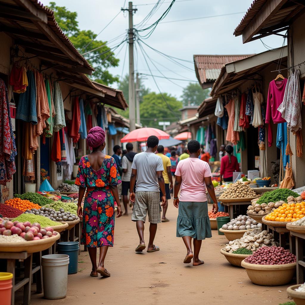 Monrovia, Liberia Street Market: A bustling street market scene in Monrovia, showcasing local vendors selling a variety of goods, from fresh produce to clothing and crafts.