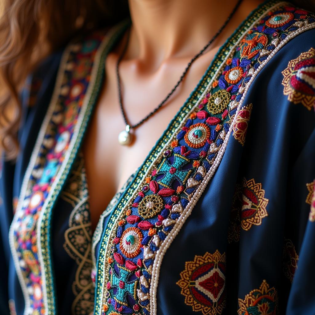 Moroccan kaftan featuring detailed beading and embroidery, showcasing traditional craftsmanship.