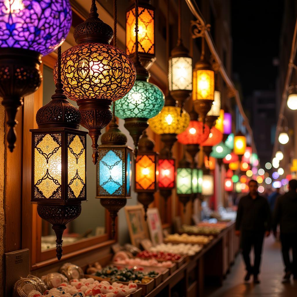 Intricate Moroccan lanterns illuminating a bustling souk market in Marrakech, showcasing vibrant colors and traditional craftsmanship.