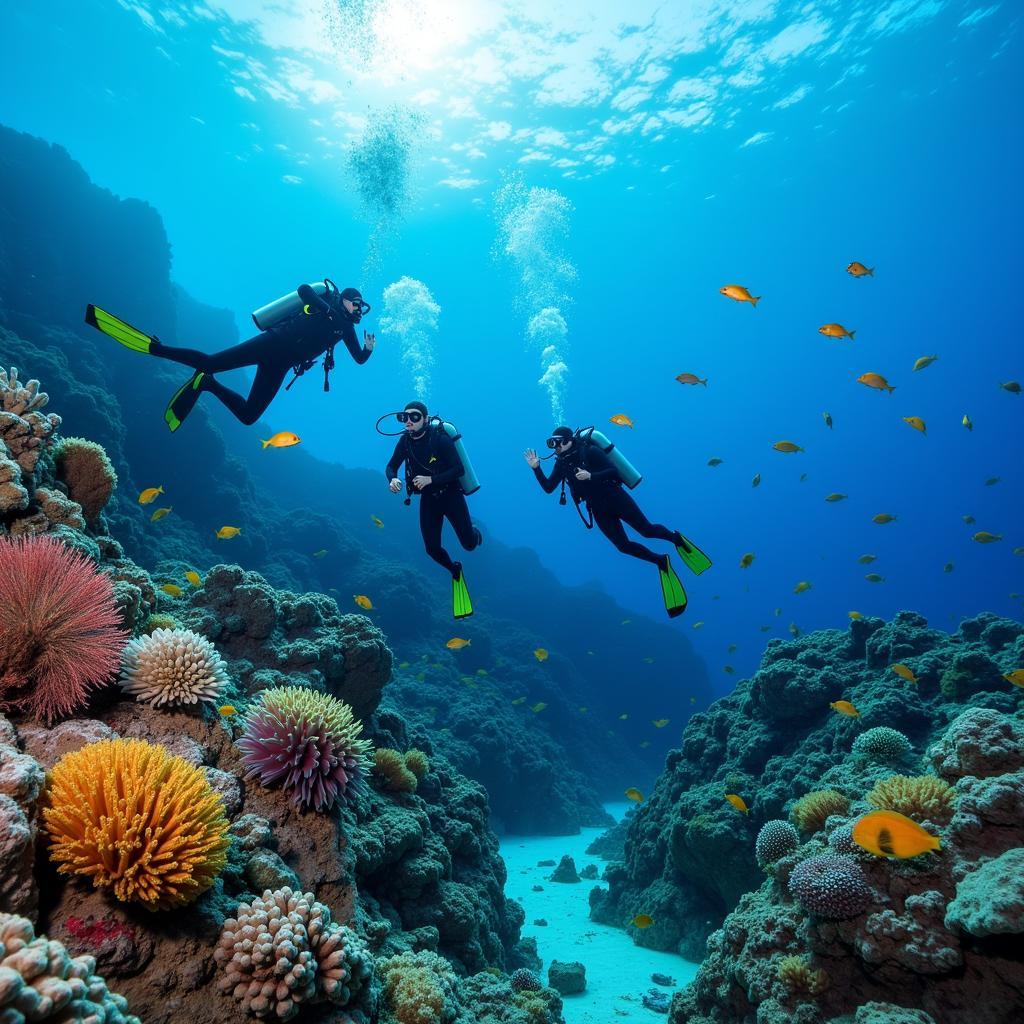 Scuba divers exploring a coral reef off the coast of Mozambique