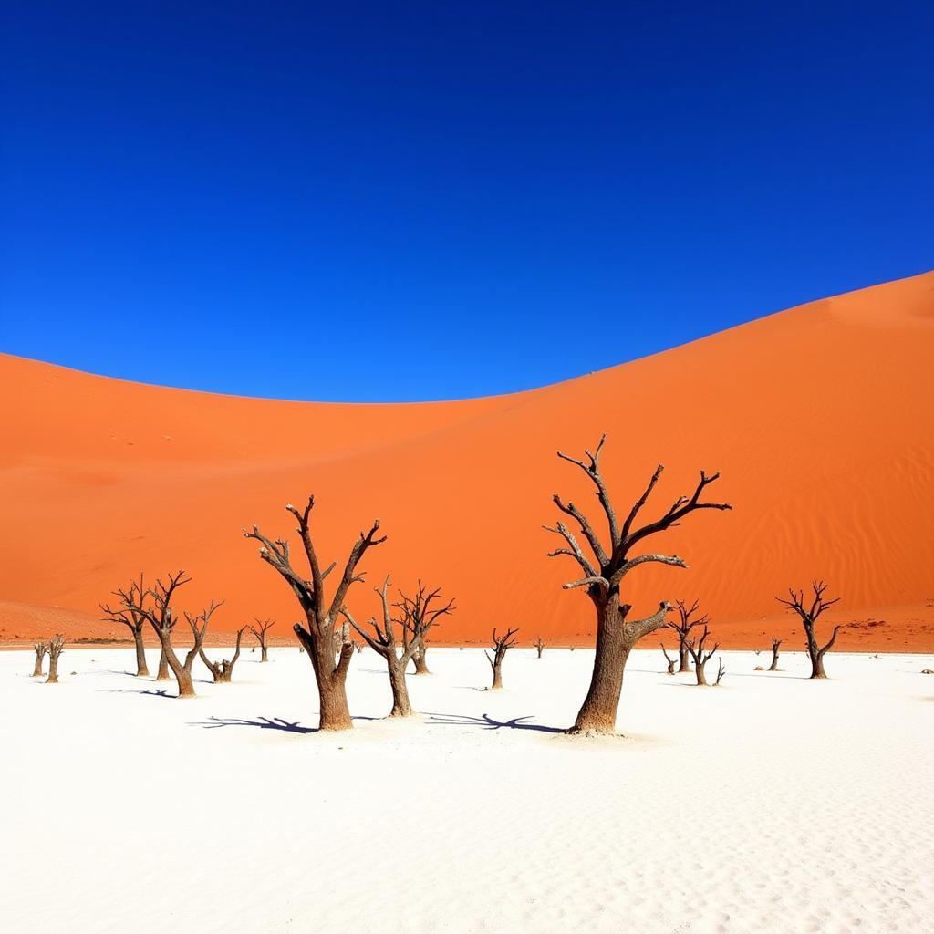 The surreal landscape of Deadvlei in the Namib Desert with ancient, dead trees against the backdrop of orange dunes and blue sky.