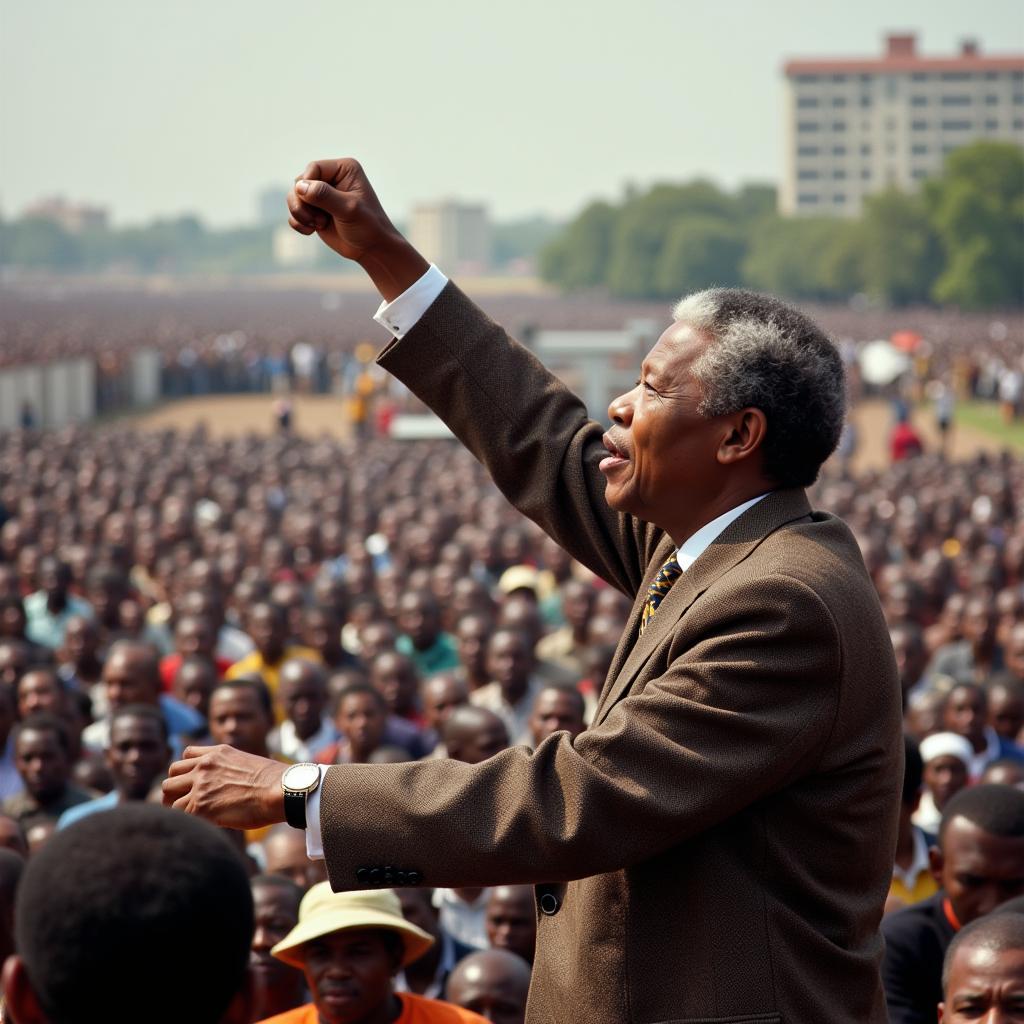 Nelson Mandela addressing a large crowd