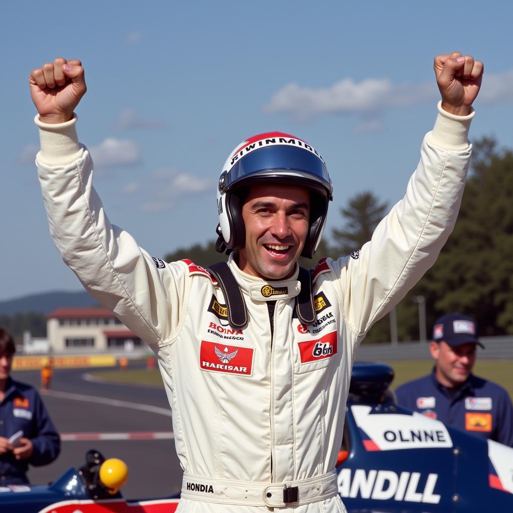 Nigel Mansell celebrating his victory at the 1985 South African Grand Prix