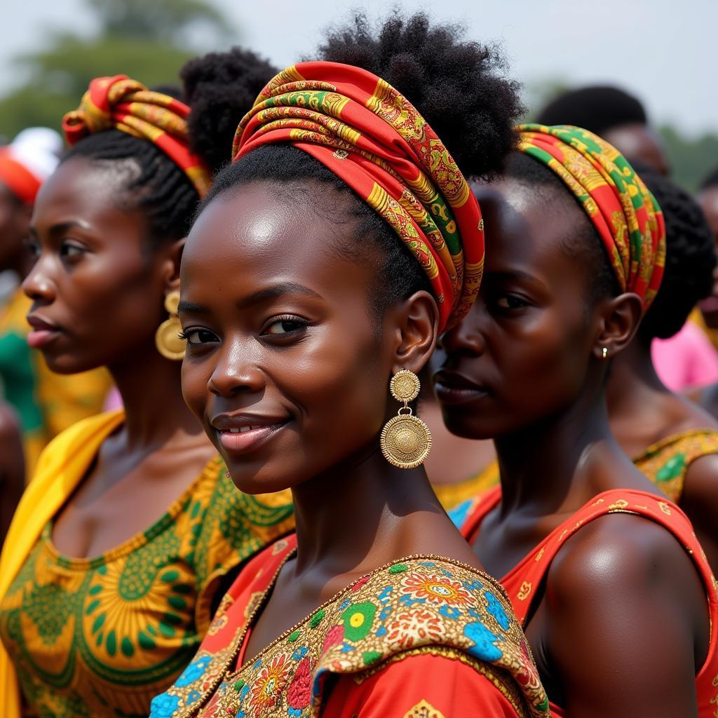 Nigerian women wearing elaborate gele during a traditional ceremony