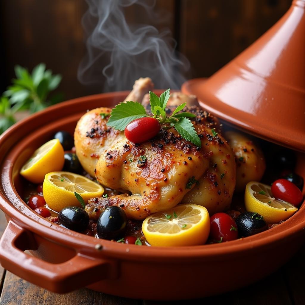 North African Baked Chicken Tagine in a Traditional Earthenware Pot