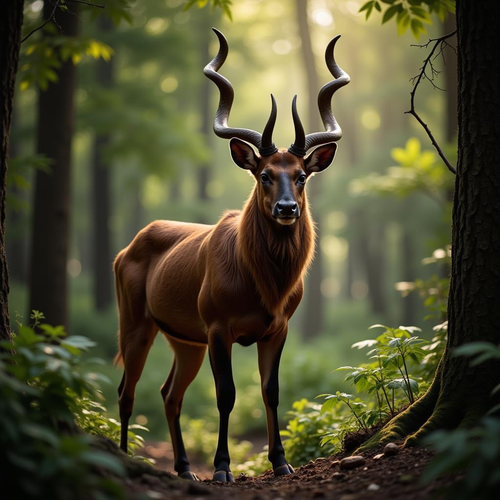 Nyala with Impressive Twisted Horns in Dense Forest