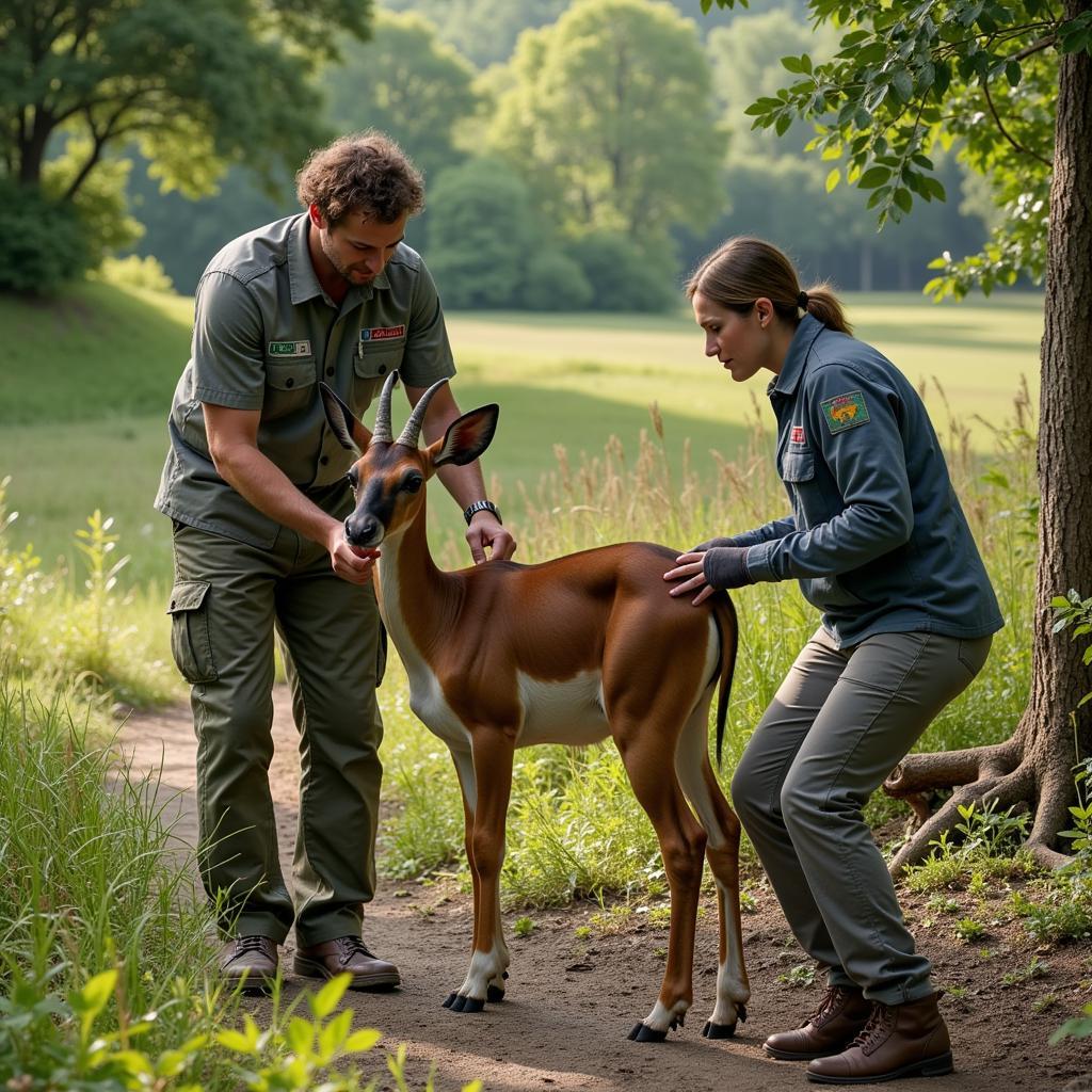 Researchers studying okapi in the wild