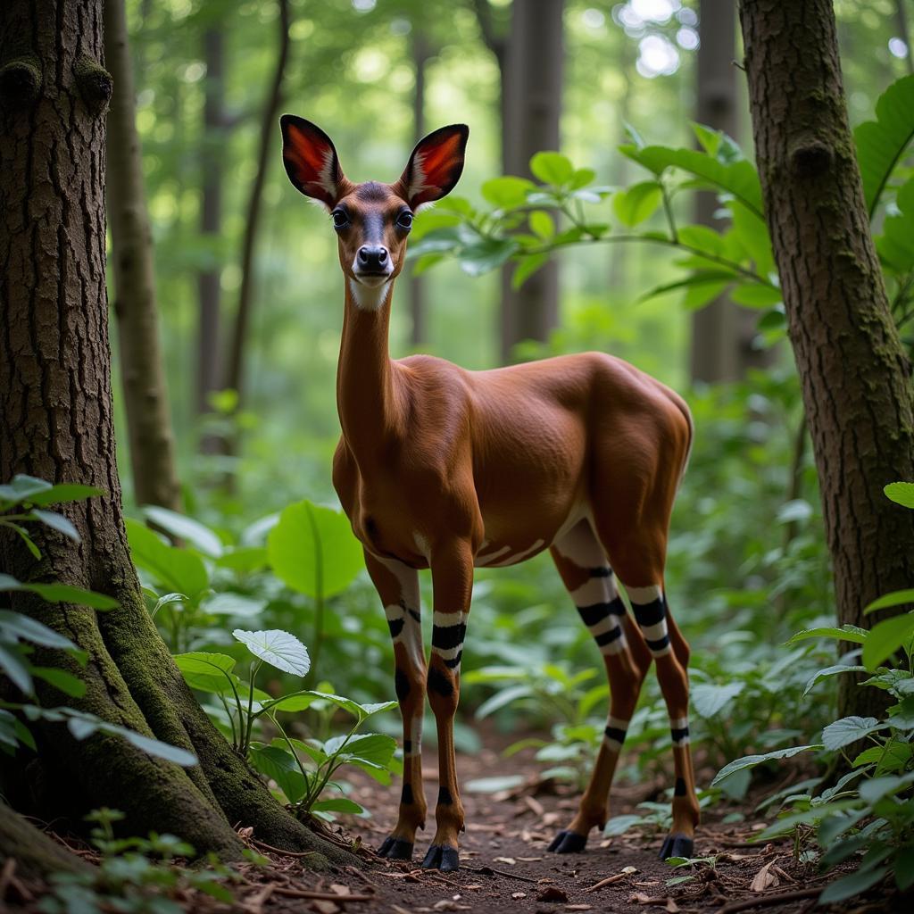 Okapi camouflaged in the rainforest